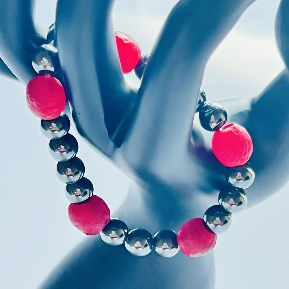 Hematite And Red African Glass Bead Stretch Bracelet 7.5